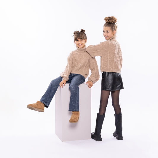 No Way Monday Girls Cable-Knit Turtleneck Sweater - Taupe