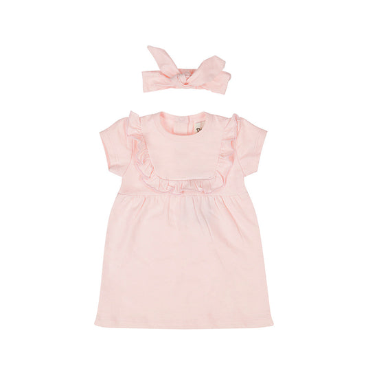 Baby Girl Short Sleeve Dress & Headband – Soft Pink