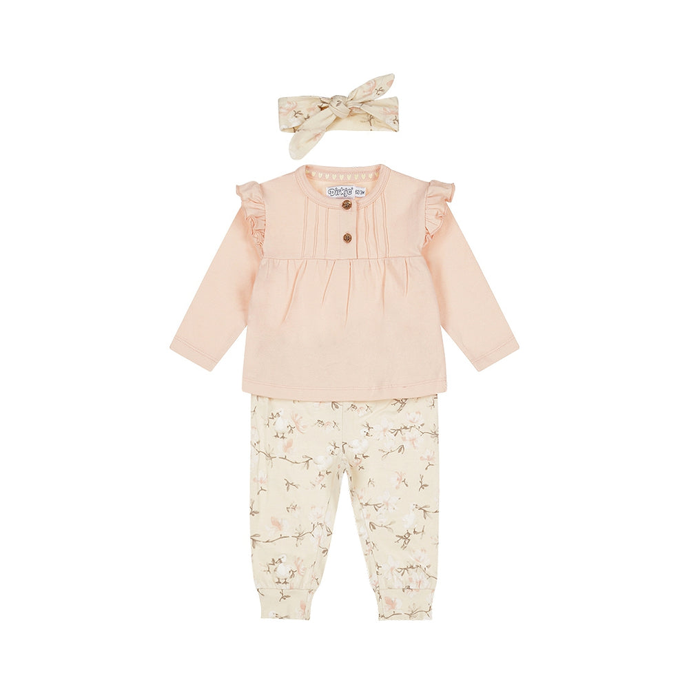 Dirkje Baby Girls Pintuck Floral Set with Headband - Light Pink