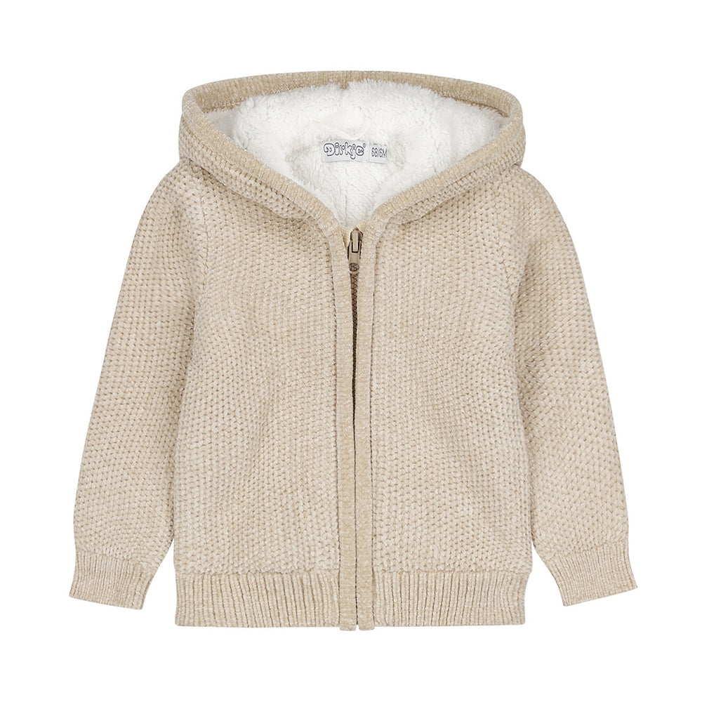 Dirkje Girls Knitted Sherpa Hooded Cardigan - Beige Grey