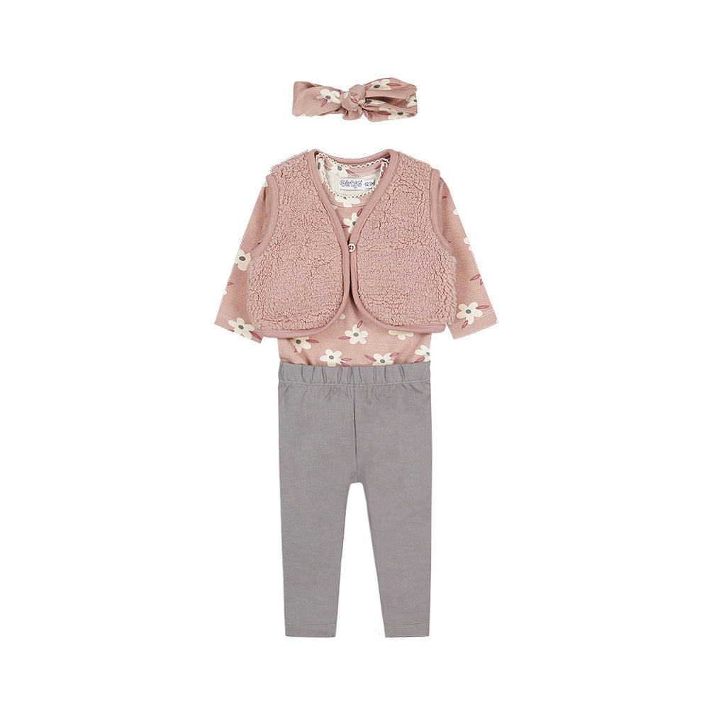 Dirkje Baby Girls 4-Piece Teddy Vest, Floral Bodysuit, Leggings & Headband Set