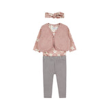 Dirkje Baby Girls 4-Piece Teddy Vest, Floral Bodysuit, Leggings & Headband Set