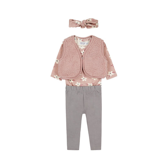 Dirkje Baby Girls 4-Piece Teddy Vest, Floral Bodysuit, Leggings & Headband Set