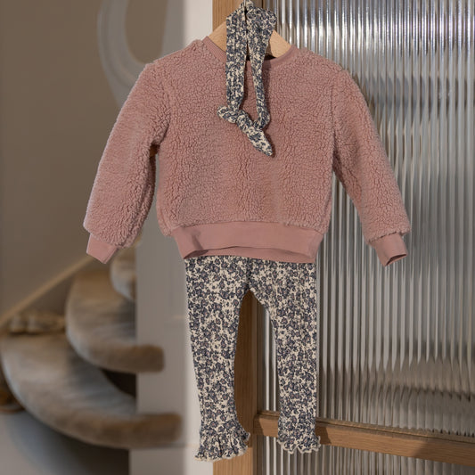 Dirkje Girls 3-Piece Teddy Sweatshirt, Floral Leggings & Headband Set - Light Mauve