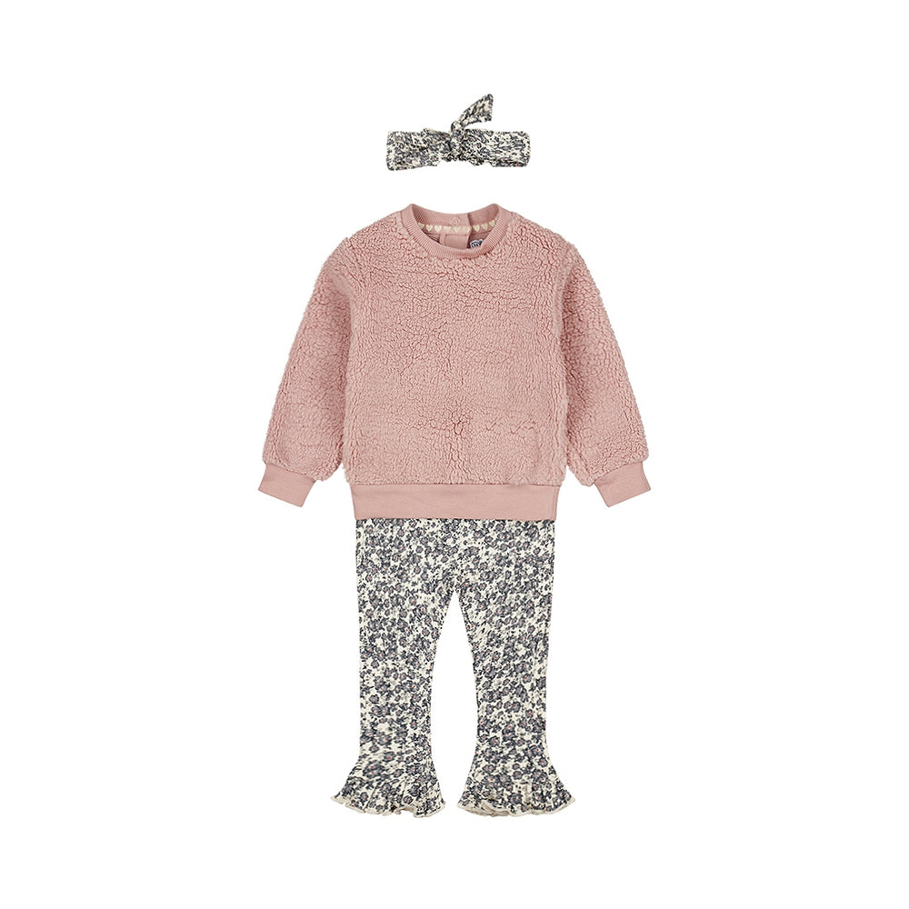 Dirkje Girls 3-Piece Teddy Sweatshirt, Floral Leggings & Headband Set - Light Mauve