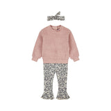 Dirkje Girls 3-Piece Teddy Sweatshirt, Floral Leggings & Headband Set - Light Mauve