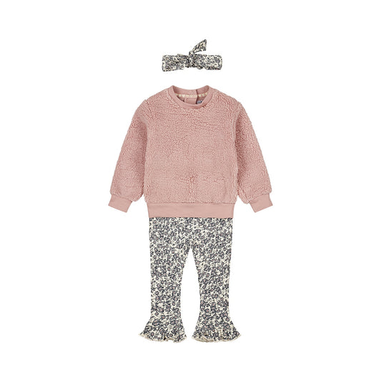 Dirkje Girls 3-Piece Teddy Sweatshirt, Floral Leggings & Headband Set - Light Mauve