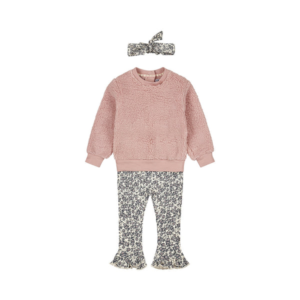 Dirkje Girls 3-Piece Teddy Sweatshirt, Floral Leggings & Headband Set - Light Mauve